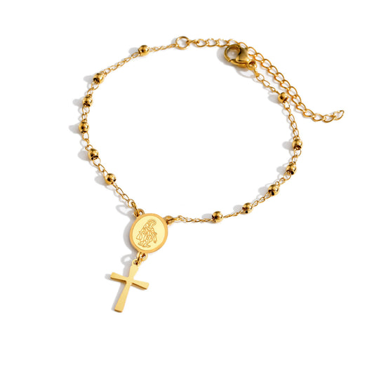Stainless Steel Bead Chain Cross Gold Bracelet Female