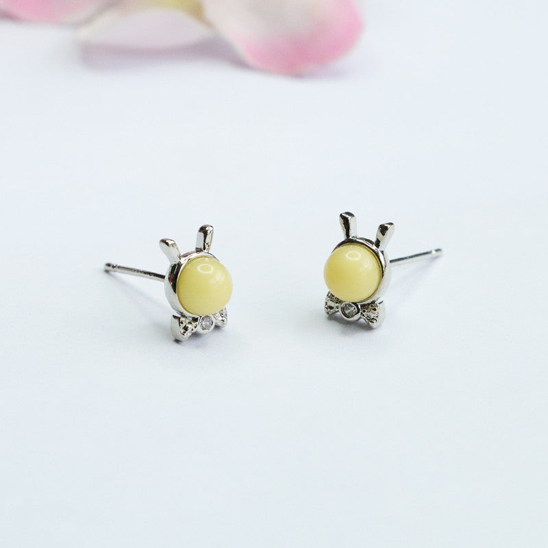 Beeswax Amber Bunny Bow 925 Silver Stud Earrings
