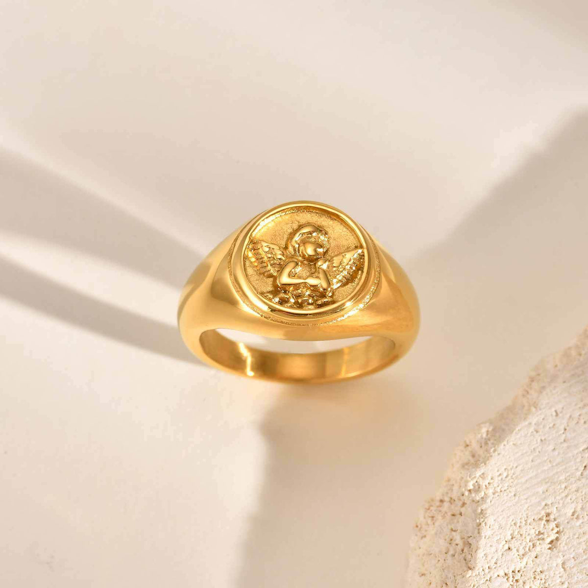 Stainless Steel Style Cupid Relief Seal Index Finger Ring Gold