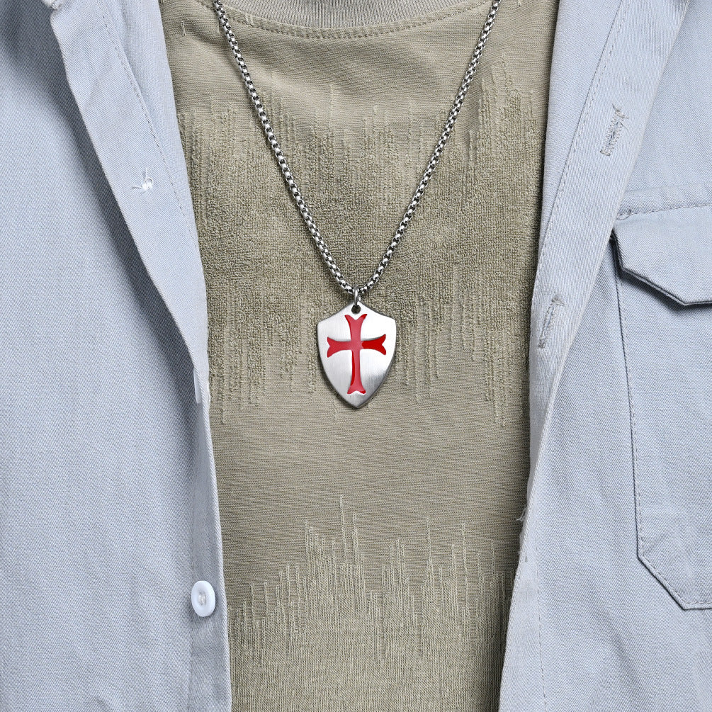 Cross Necklace For Men Matte Stainless Steel Shield Pendant By Planderful Shop Bold Retro Expedition Style