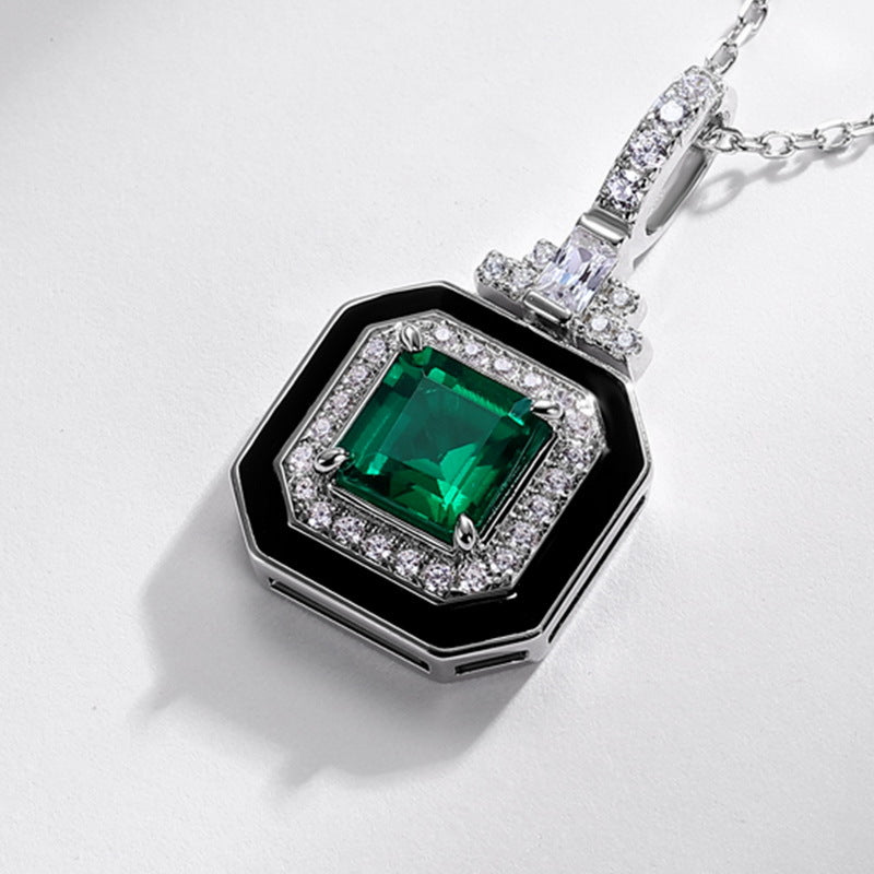 Planderful Jewelry Lab Grown Emerald Pendant Necklace In Sterling Silver S925 Square Vintage Design