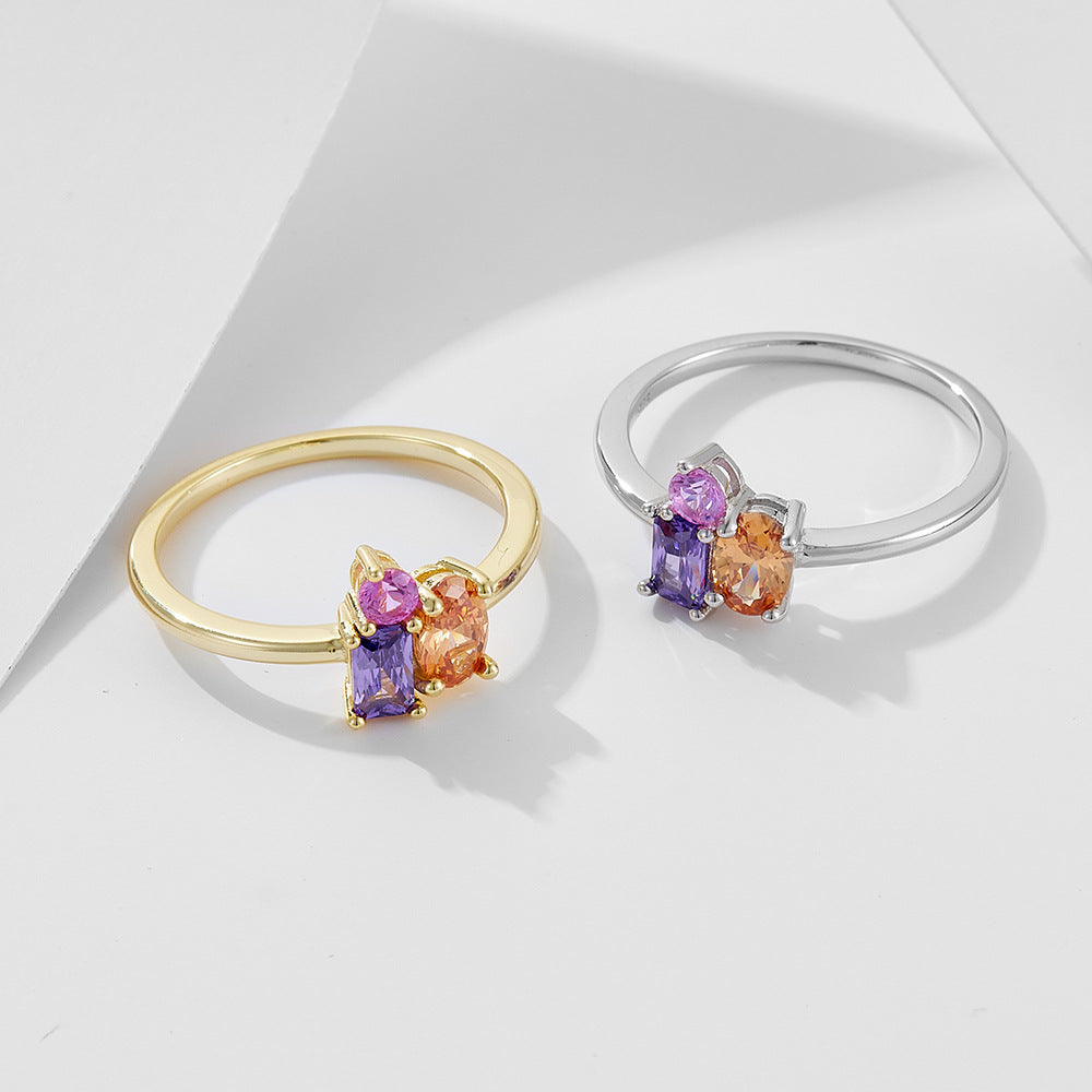 S925 Silver Geometric Rectangular Oval Colored Zircon Ring Wind Colored Treasure Ring