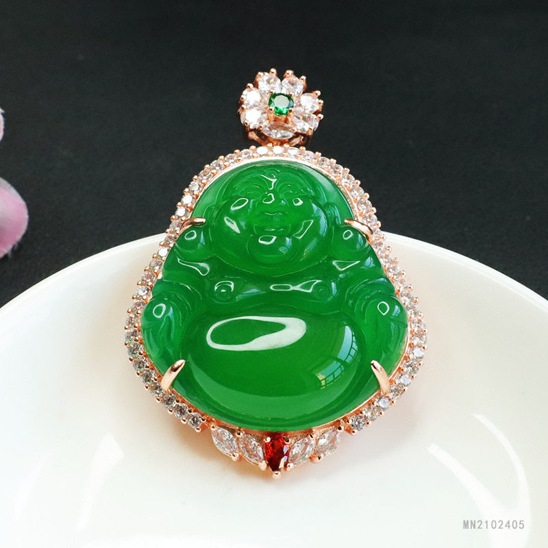 Green Chalcedony Buddha Rose-Gold-Tone Pendant — No Chain
