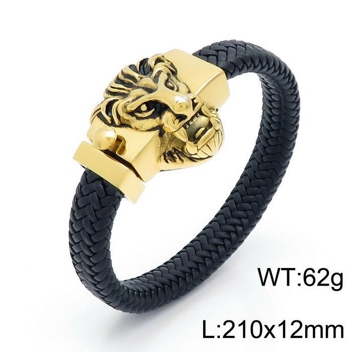 Planderful Mens Leather Bracelet Lion Head Titanium