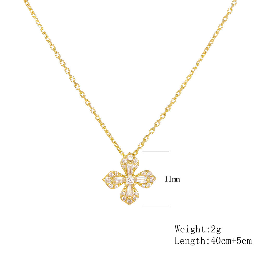 French Micro-Inlaid Zircon Petal Four-Leaf Clover Necklace 925 Sterling Silver And