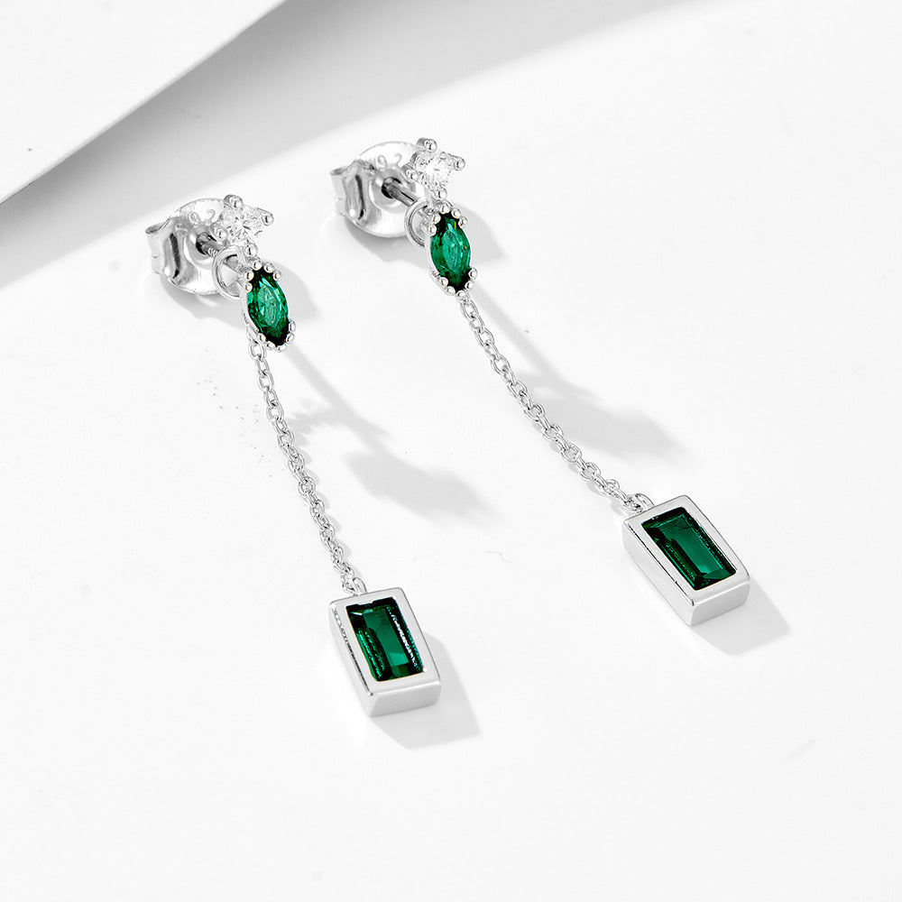 Planderful Emerald Zircon Earrings S925 Sterling Silver Long Chain Fringe For Women Elegant Luxury