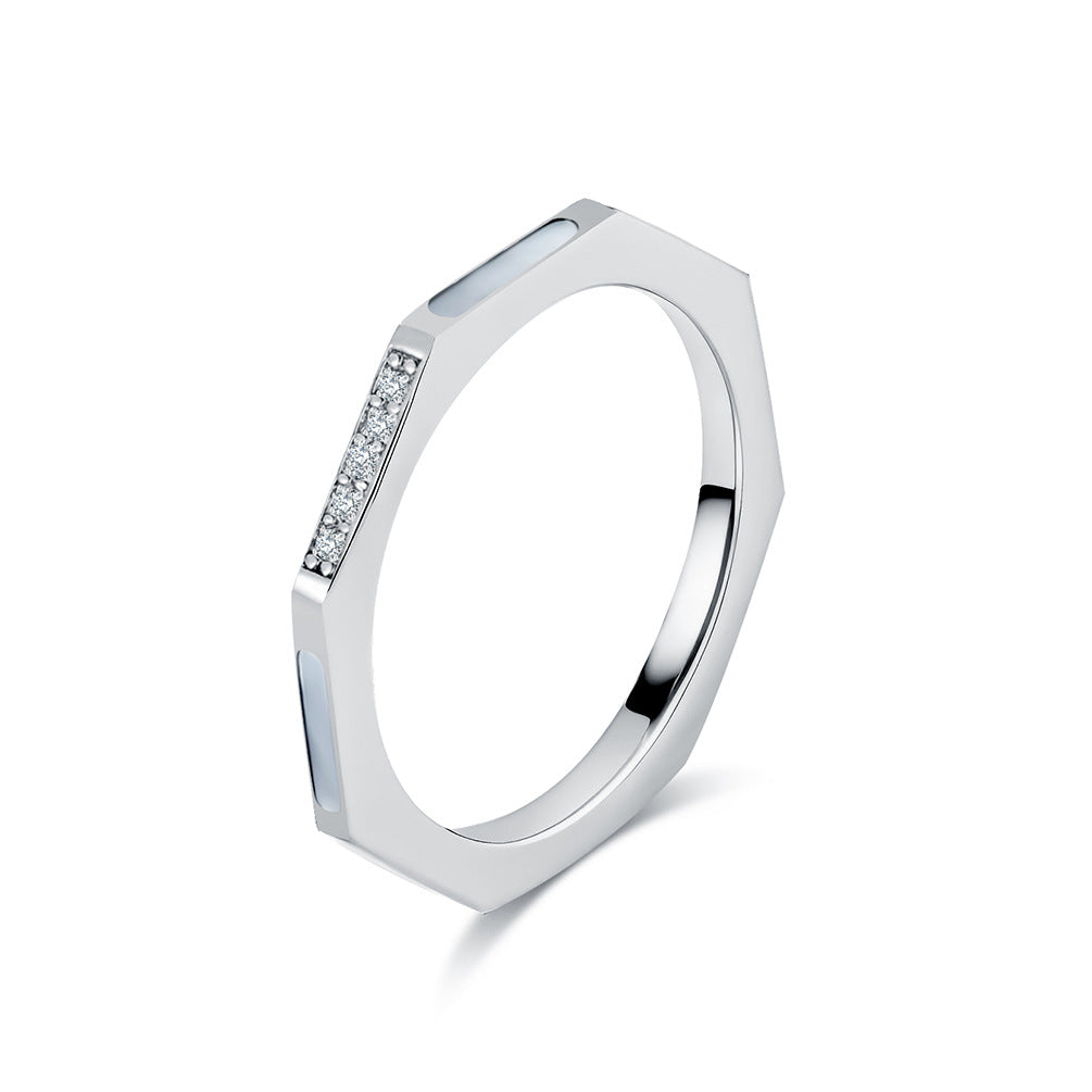 Ins Titanium Steel Zircon-Encrusted White Shell Tail Ring