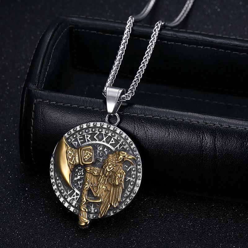 Steel Necklace - Vintage Nordic Viking Raven Tomahawk Pendant For Men With Polished Gold Plated Finish