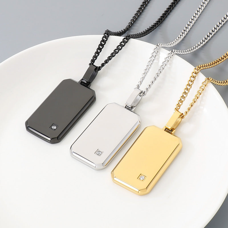 Minimalist Geometric Square Men's Zircon Necklace, Niche Stainless Steel Military Pendant