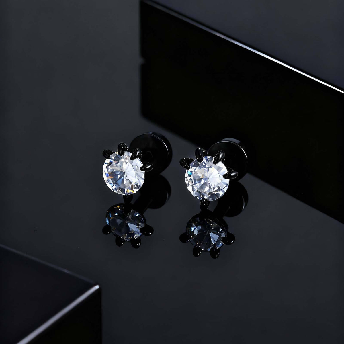 Black-Tone Clear Crystal Stud Earring — Single