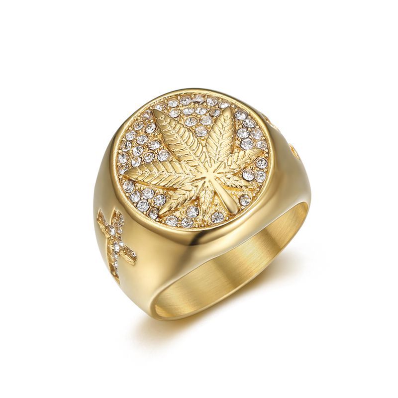 Planderful Collection Hip Hop Titanium Steel Ring For Men Gold Maple Leaf Rhinestone Cross