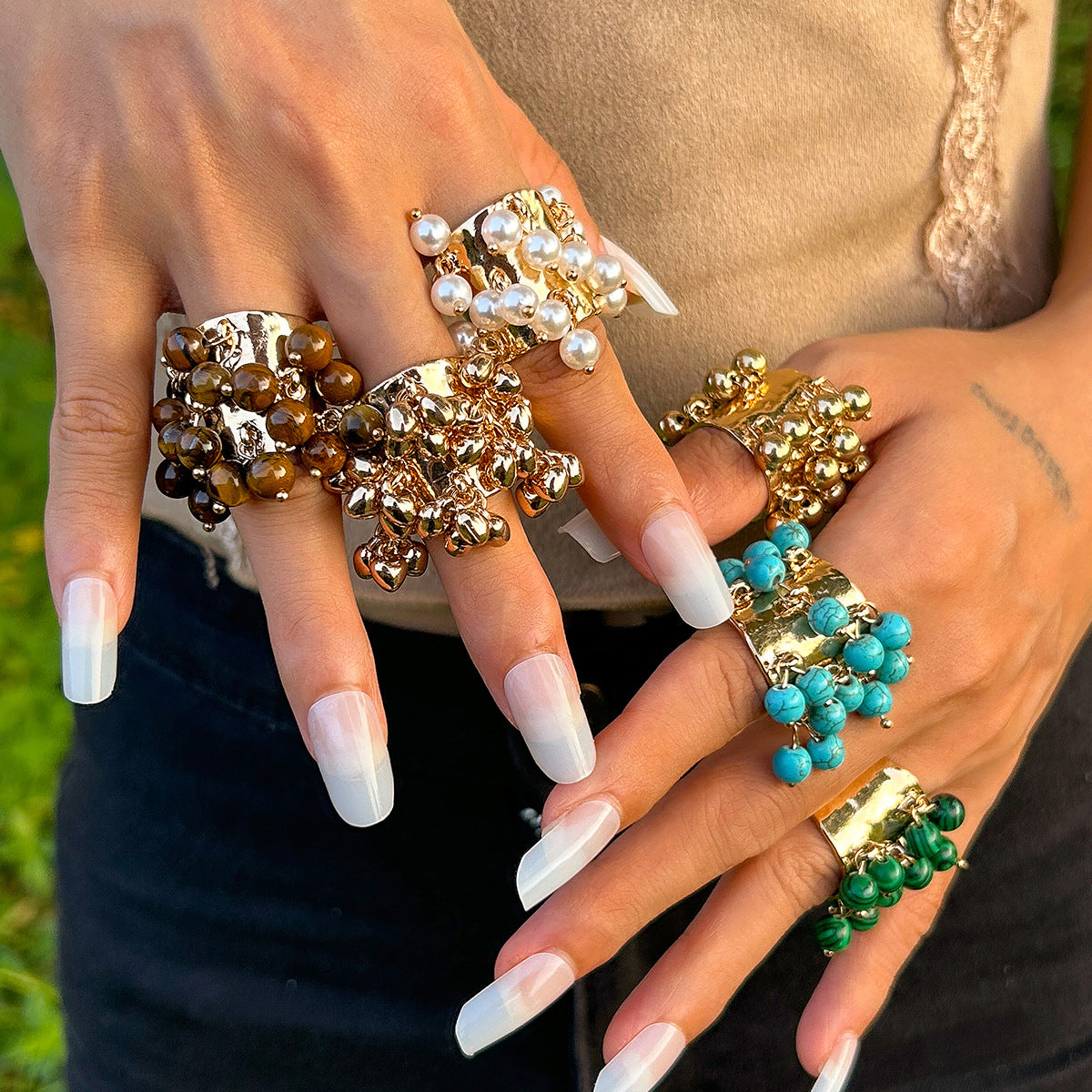 Planderful Boho Pearl Fringe Ring For Women Turquoise Accent Statement Jewelry Vienna Verve
