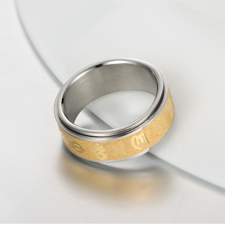 Six-Syllable Mantra Gold-Tone Stainless Steel Ring