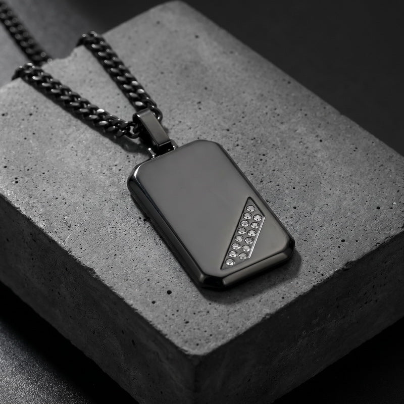 Hip-Hop Style Square Inlaid Double-Row Zircon Pendant Stainless Steel Smooth Military Brand Double-Sided Necklace