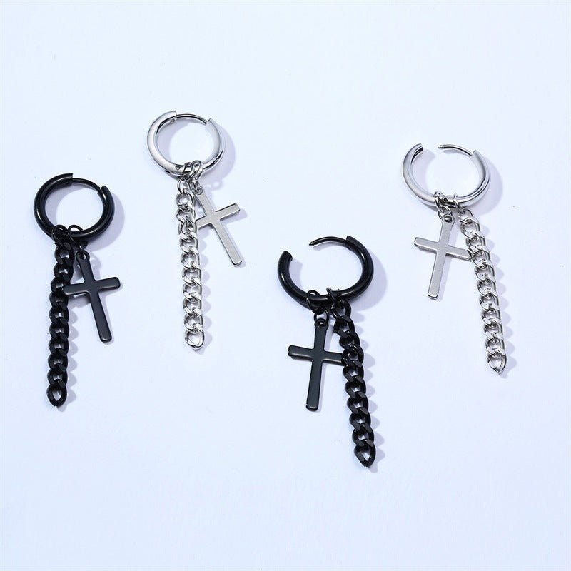 Cross & Chain Hoop Earring — Silver or Black
