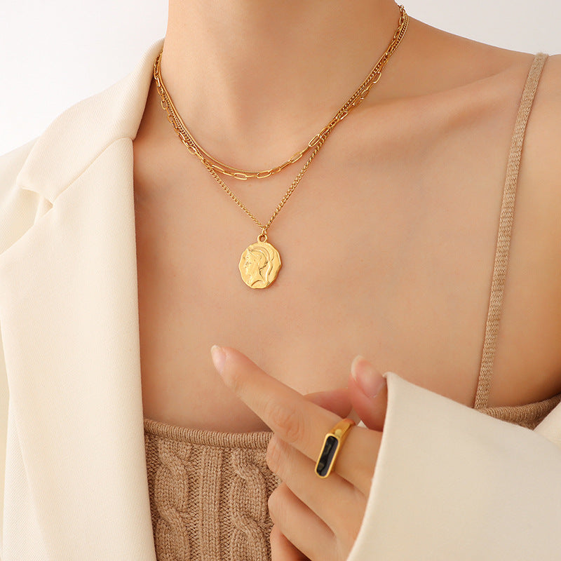 Exaggerated Hip-Hop Portrait Pendant Gold Necklace - Female Ins Wind Clavicle Chain