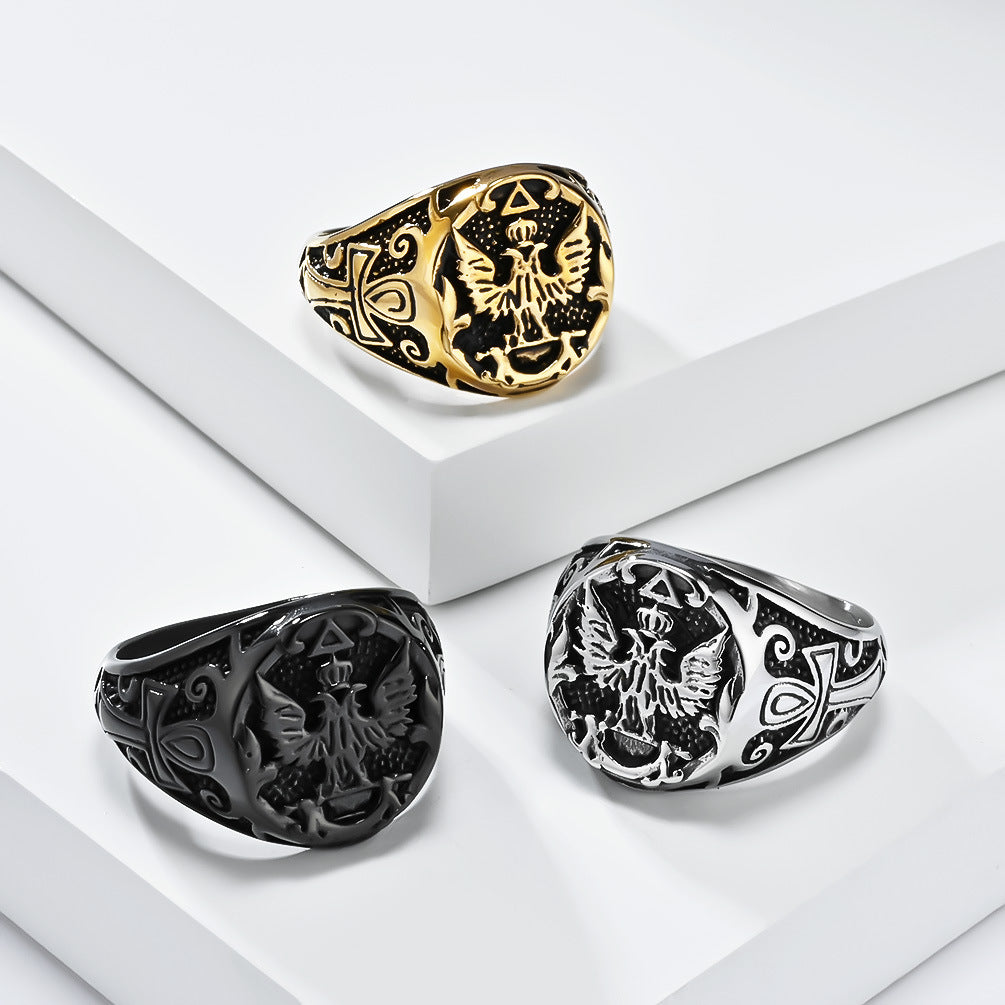 Planderful Mens Ring Retro Double-Headed Eagle Titanium Steel For Men Dominant Statement Jewelry