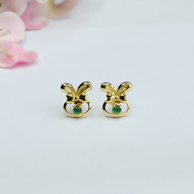 Whimsical Rabbit Bow Earrings with Natural Ice King Green Jade