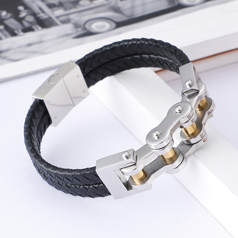 Planderful Men Punk Chain Leather Bracelet Stainless Steel