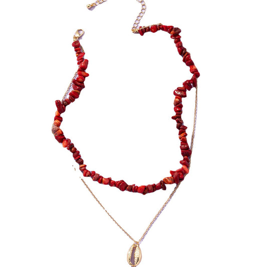 Red Stone Double-Layer Holiday Necklace: Vienna Verve Collection - Metal Neck Accessories
