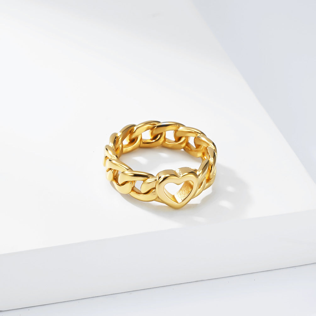 Heart Cuban Chain Gold-Plated Stainless Steel Ring