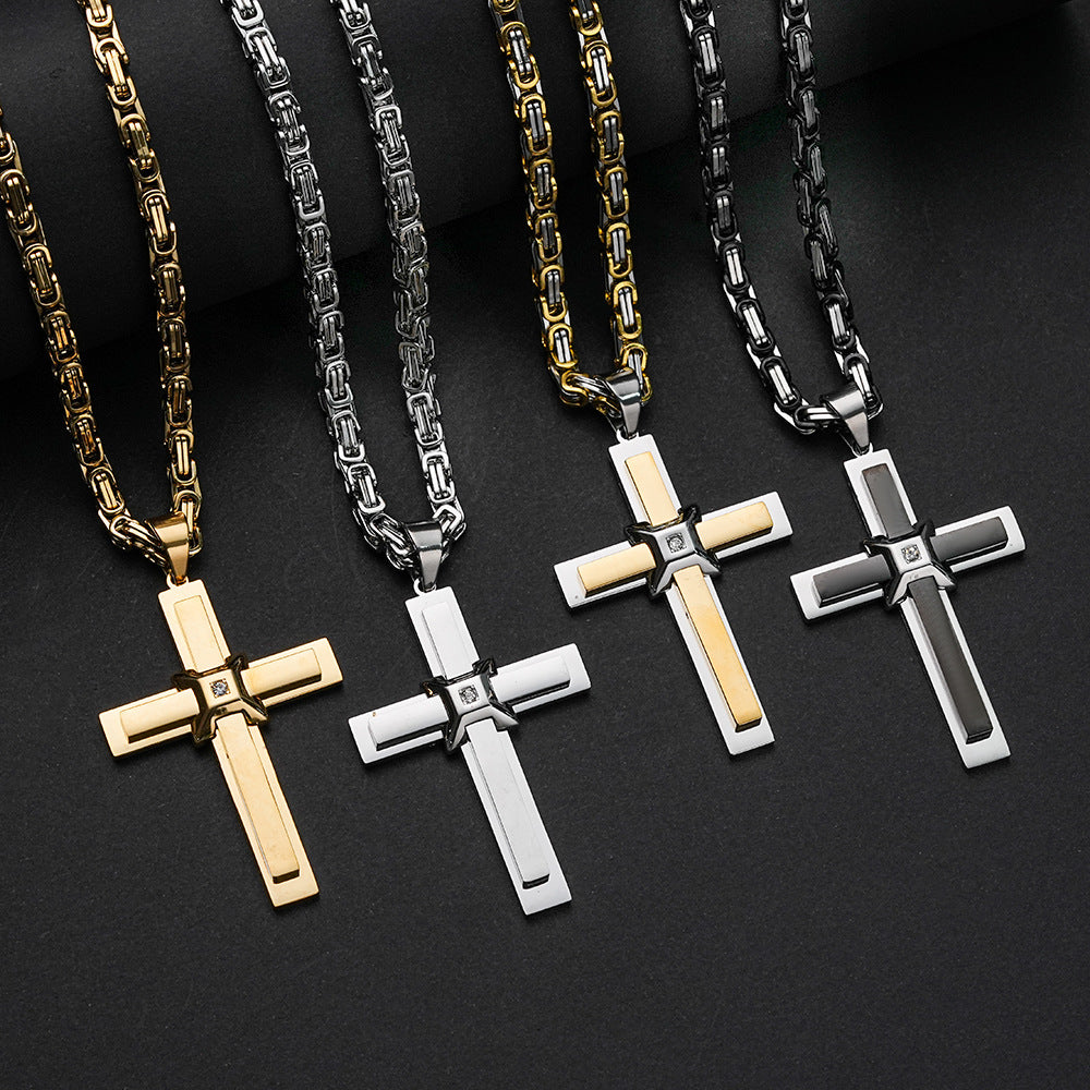 Mens 3D Cross Necklace Stainless Steel Zircon Inlay European American Fashion Retro Style By Planderful Everyday Genie