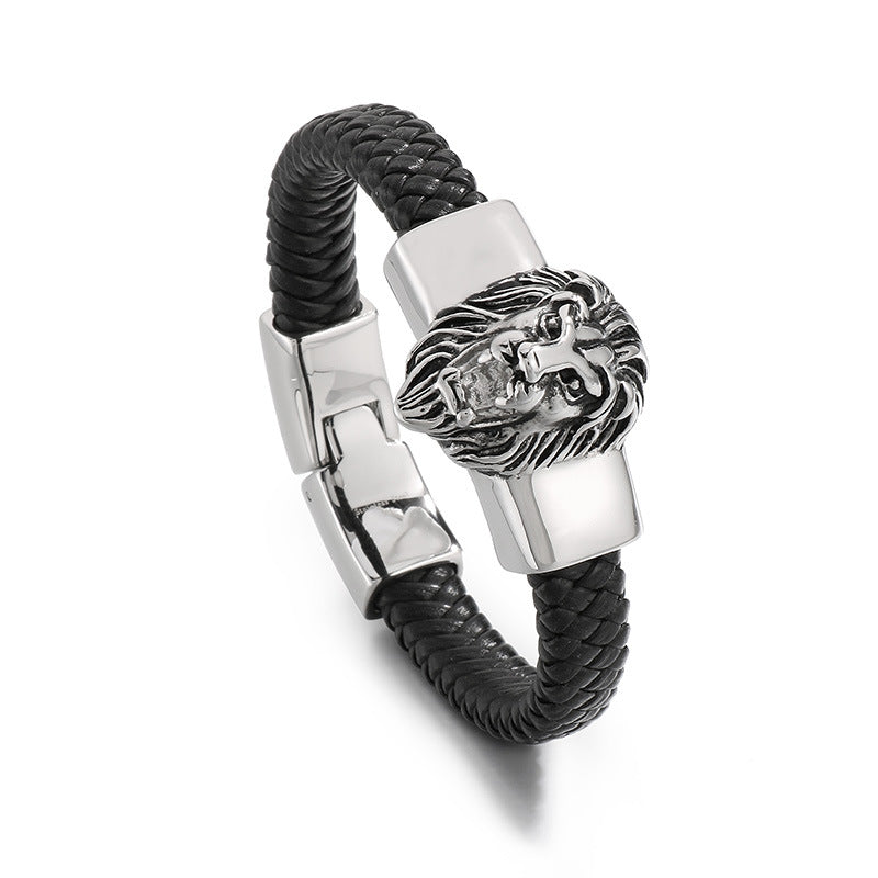 Two-Layer Leather Woven Bracelet – Casting Lion Head Snake Head Ghost Head Titanium