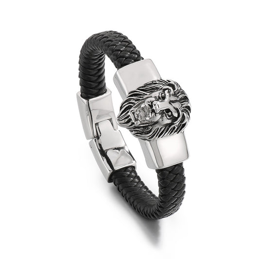Two-Layer Leather Woven Bracelet – Casting Lion Head Snake Head Ghost Head Titanium
