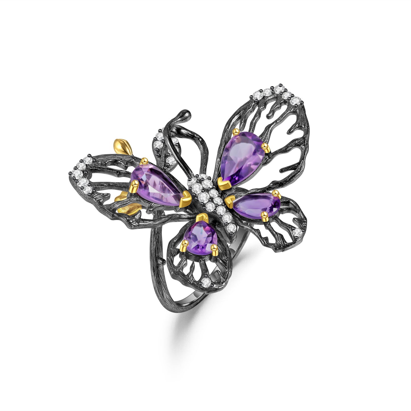 Hollow Out Butterfly Natural Gemstones Opening Silver Ring