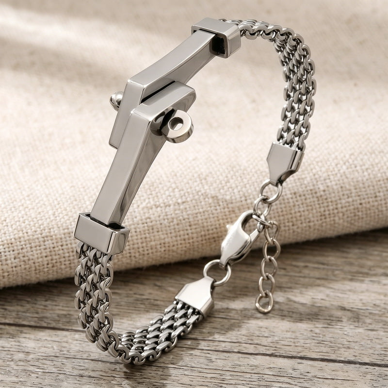Style Irregular Curved Bar Bracelet Double-Layer Front & Back Chain Stainless