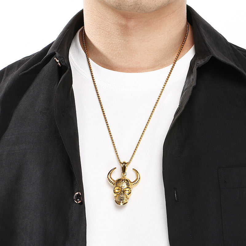 Enjoy The Punk Style Bull Head Pendant, Nordic Viking War Helmet Horn Skull Necklace