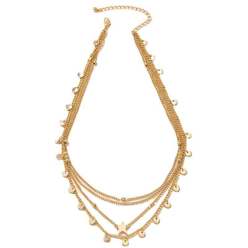 Five-Pointed Star Metal Disc Necklace with European and American Style Clavicle Chain