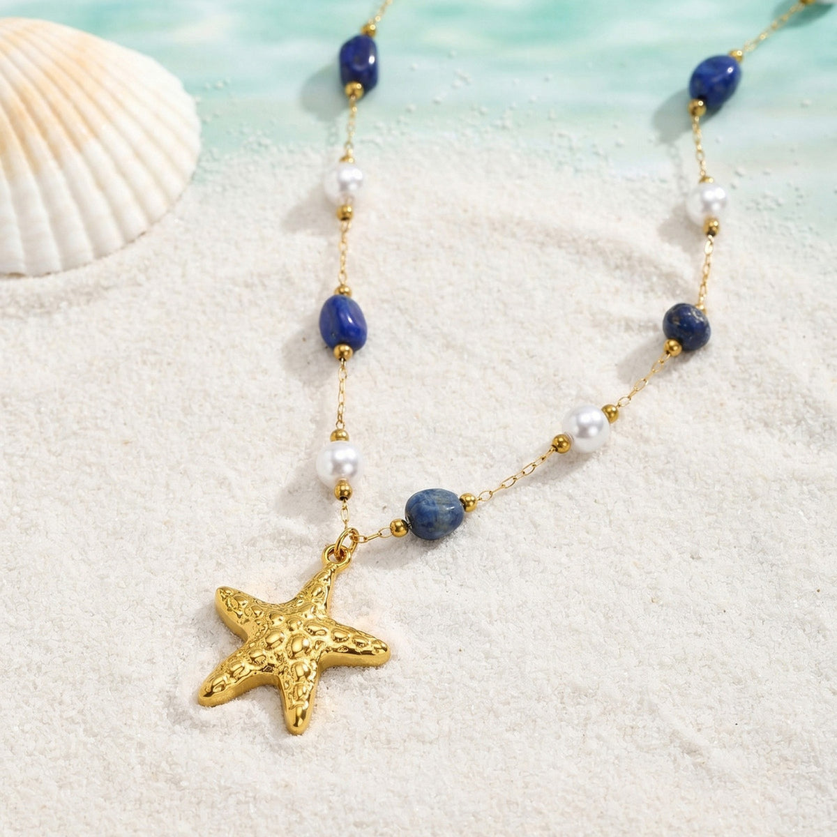Stainless Steel Lapis Lazuli Imitation Pearl Polka Dot Starfish Low-Key Necklace