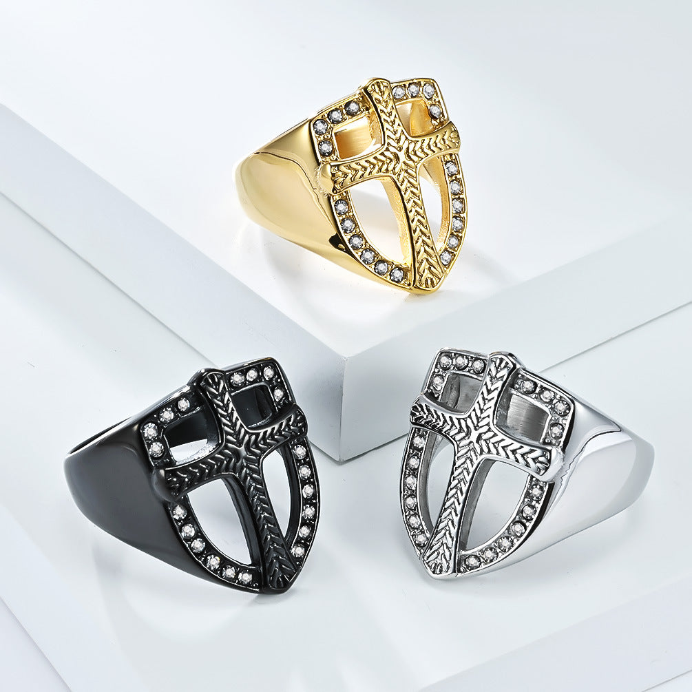 Planderful Shield Cross Ring For Men Zircon Set Retro Style Bold Fashion Everyday Genie Size Seven To Thirteen