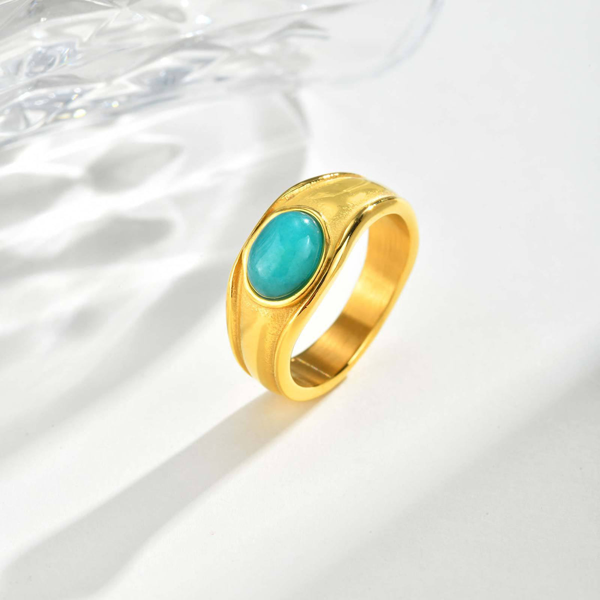 Stainless Steel Oval Egg Surface Tianhe Stone Ring Gold