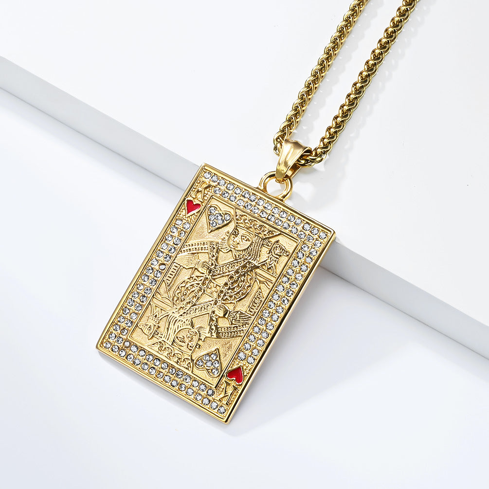 Planderful Hip Hop Pendant Necklace With Zircon Red Heart King K Charm Color Resistant Steel For Unisex Fans