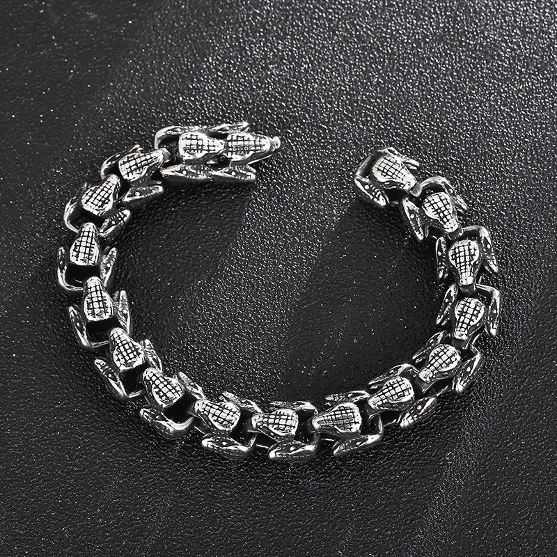 Animal Punk Style – Old Titanium Steel Men's Layered Snakehead Bracelet