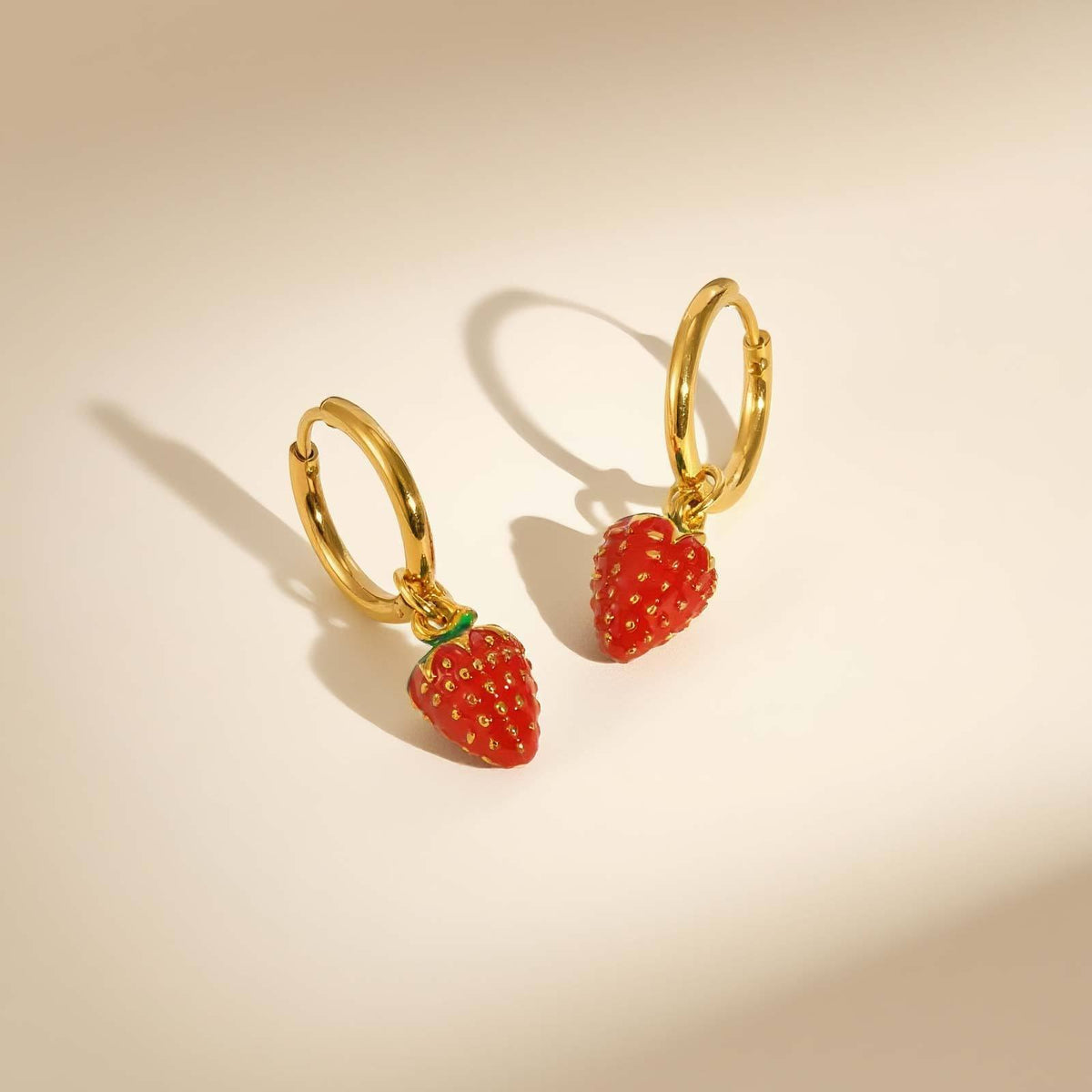 Red Strawberry Charm Gold-Tone Hoop Earrings