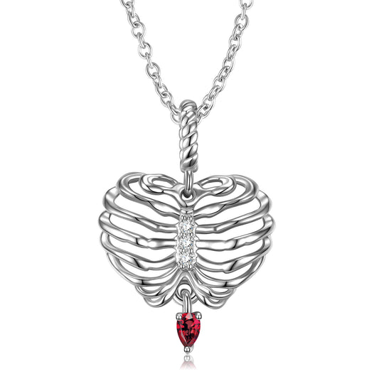 Halloween Body Skeleton Pear Shape Red Zircon Silver Necklace
