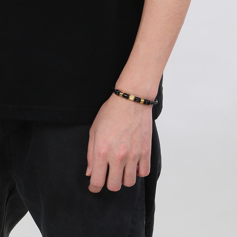 Business Style Men's Leather Rope Bracelet – Stainless Steel Bead Layered Woven Leather