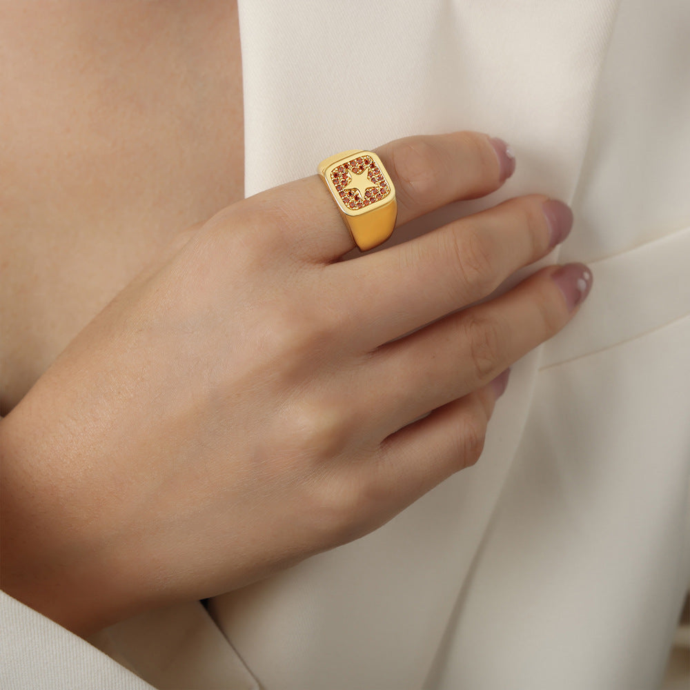 European Luxe Copper Square Zircon Star Open Ring - Women's Light Luxury Jewelry