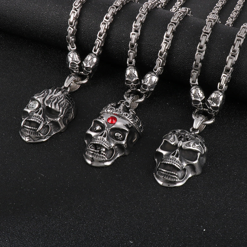 Exaggerated Titanium Steel Skull Pendant Necklace with Punk Ghost Head Design for Men