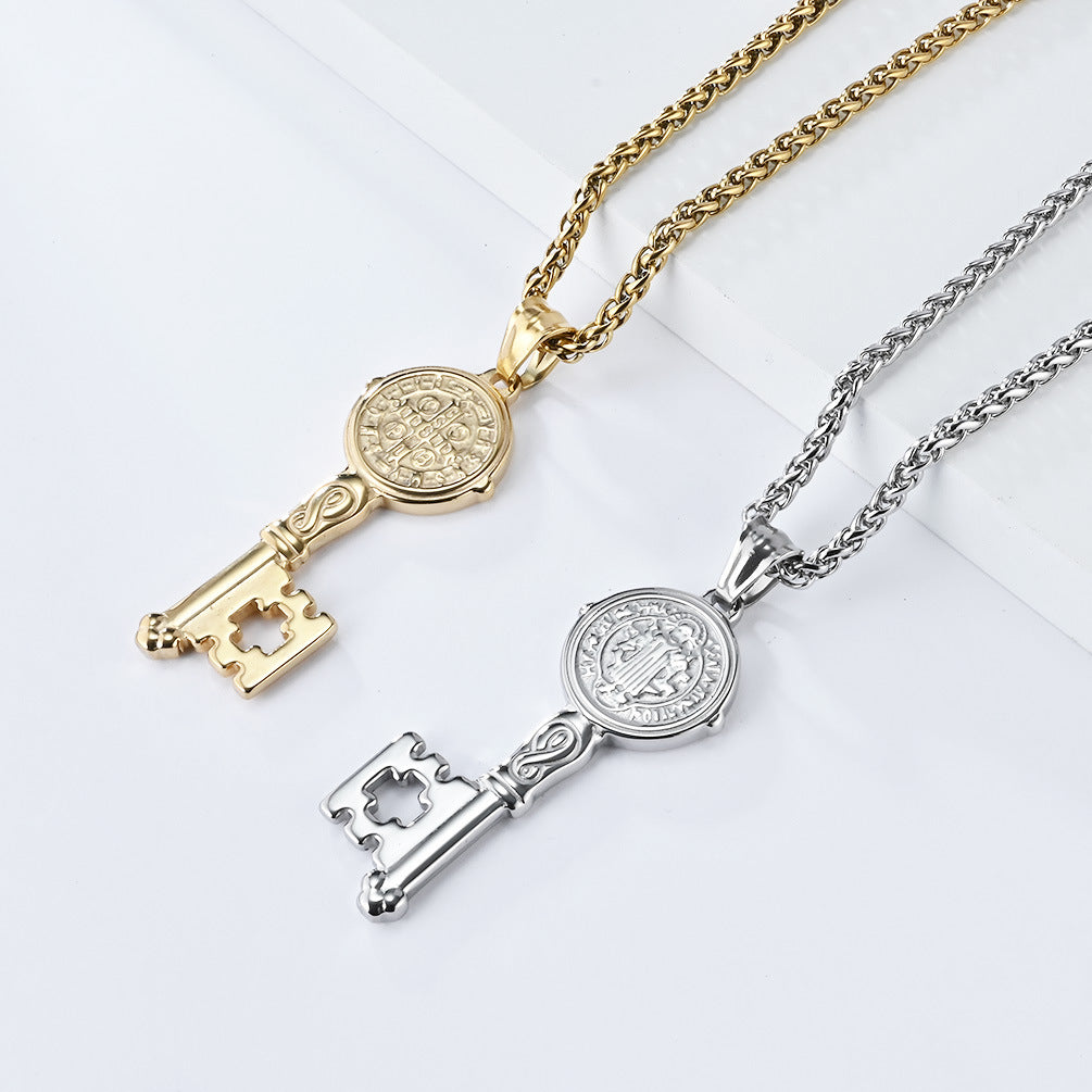 Planderful Saint Benedict Key Necklace Exorcist Titanium Steel Protection Pendant For Gothic Jewelry Lovers