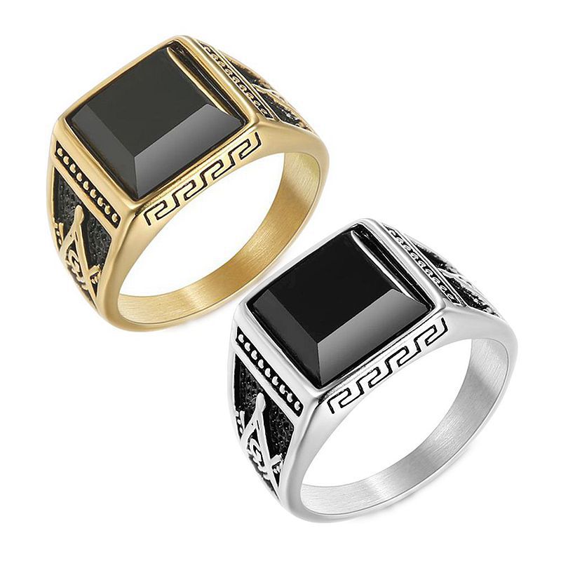 Planderful Freemason Ring for Men Premium Titanium Steel Gold Plated Black Agate Classic Retro Style
