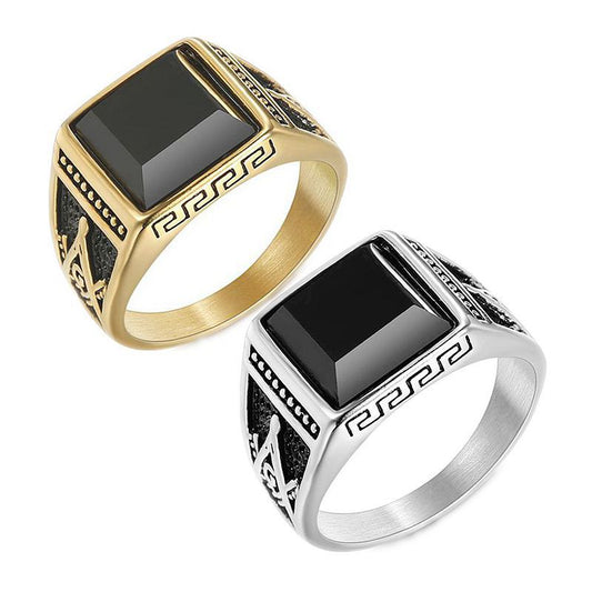 Planderful Freemason Ring for Men Premium Titanium Steel Gold Plated Black Agate Classic Retro Style