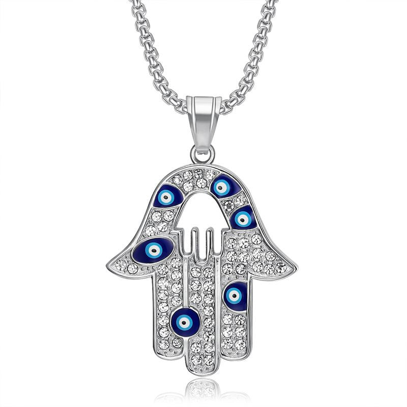 Planderful Everyday Genie Unisex Hamsa Fatima Evil Eye Necklace Hip Hop Style Titanium Steel Gold Plated Zircon Pendant