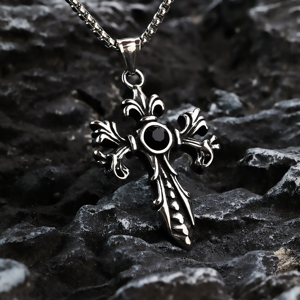 Retro Stainless Steel Men's Pendant Cross Flower Necklace