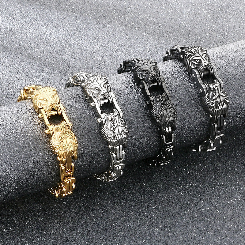 Oxidized Lion Head Emperor Chain Titanium Steel Men's Bracelet
