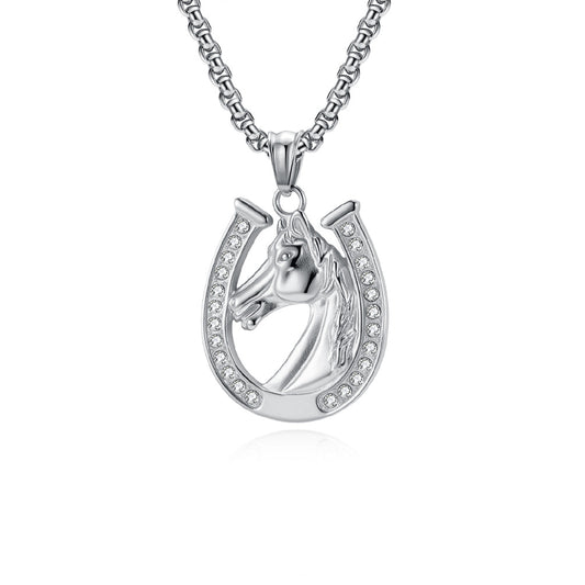 Planderful Horseshoe Necklace With Zircon Horse Head Pendant In Titanium Steel For Men Hip Hop Style Jewelry