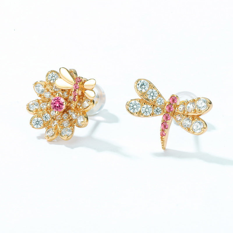 Pink and White Zircon Dragonfly Flower Asymmetric Sterling Silver Stud Earrings